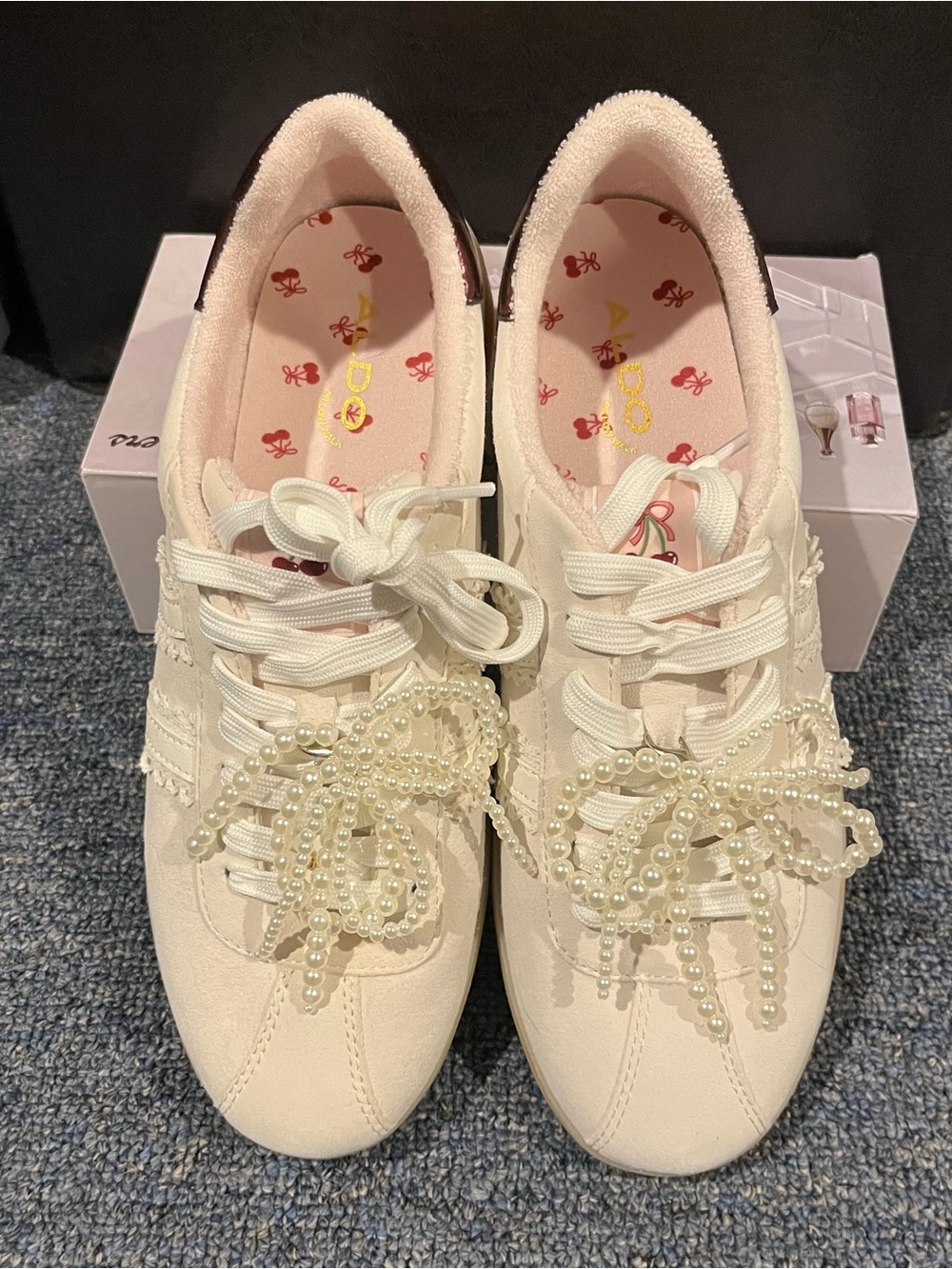 Aldo Cream Lace-Up Sneakers with Pearl Bow Accents